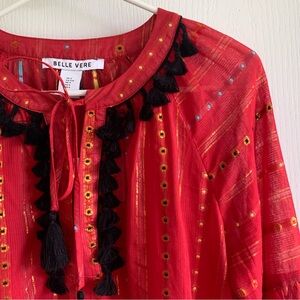 Belle Vere Red Boho Blouse with Black Tassels